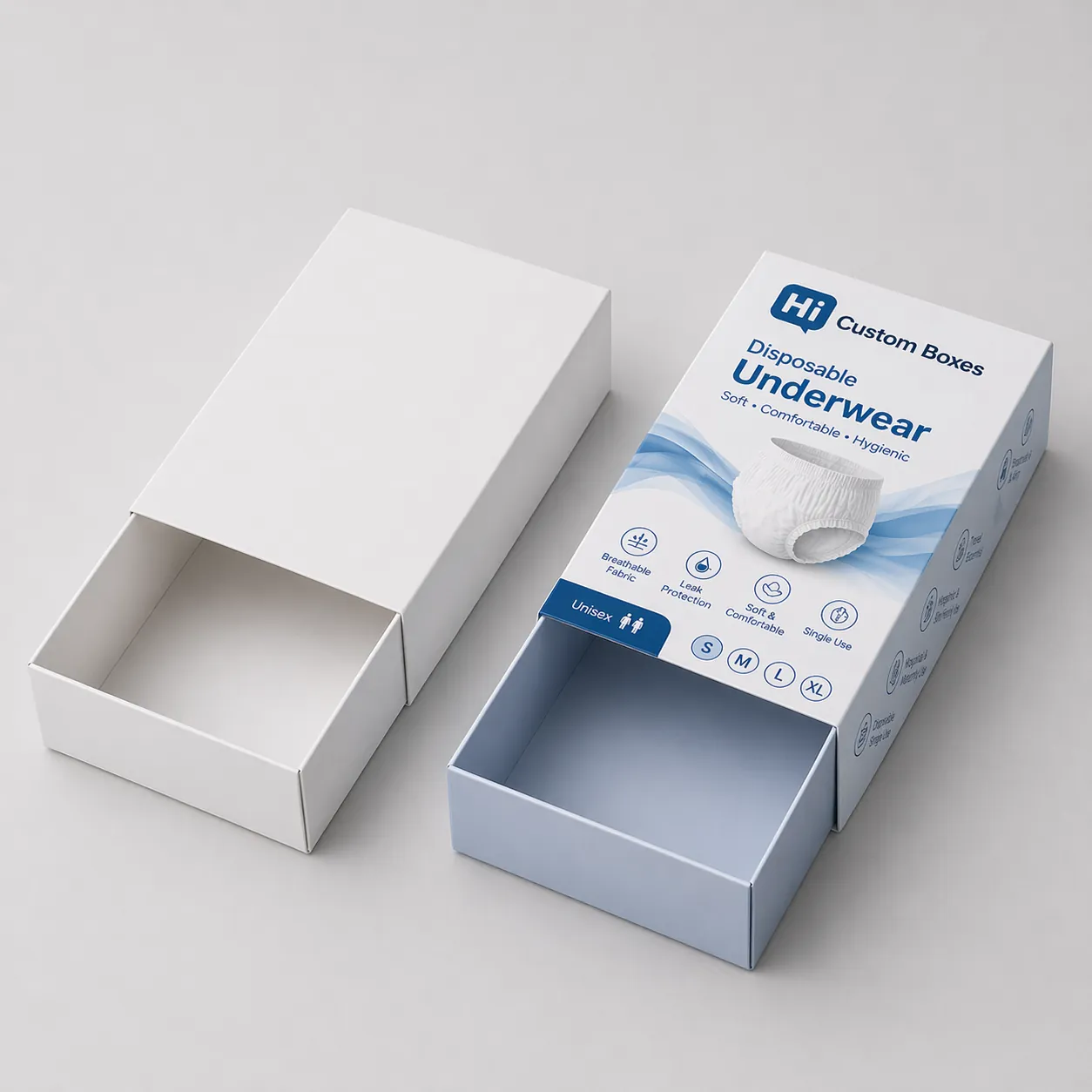 Two cardboard boxes with hanging tabs, featuring purple floral artwork and product details for underwear. class=